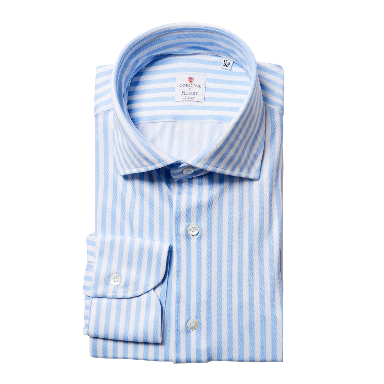 CORDONE Striped Round Neck Shirt Single Cuff Classic Fit WHITE/SKY