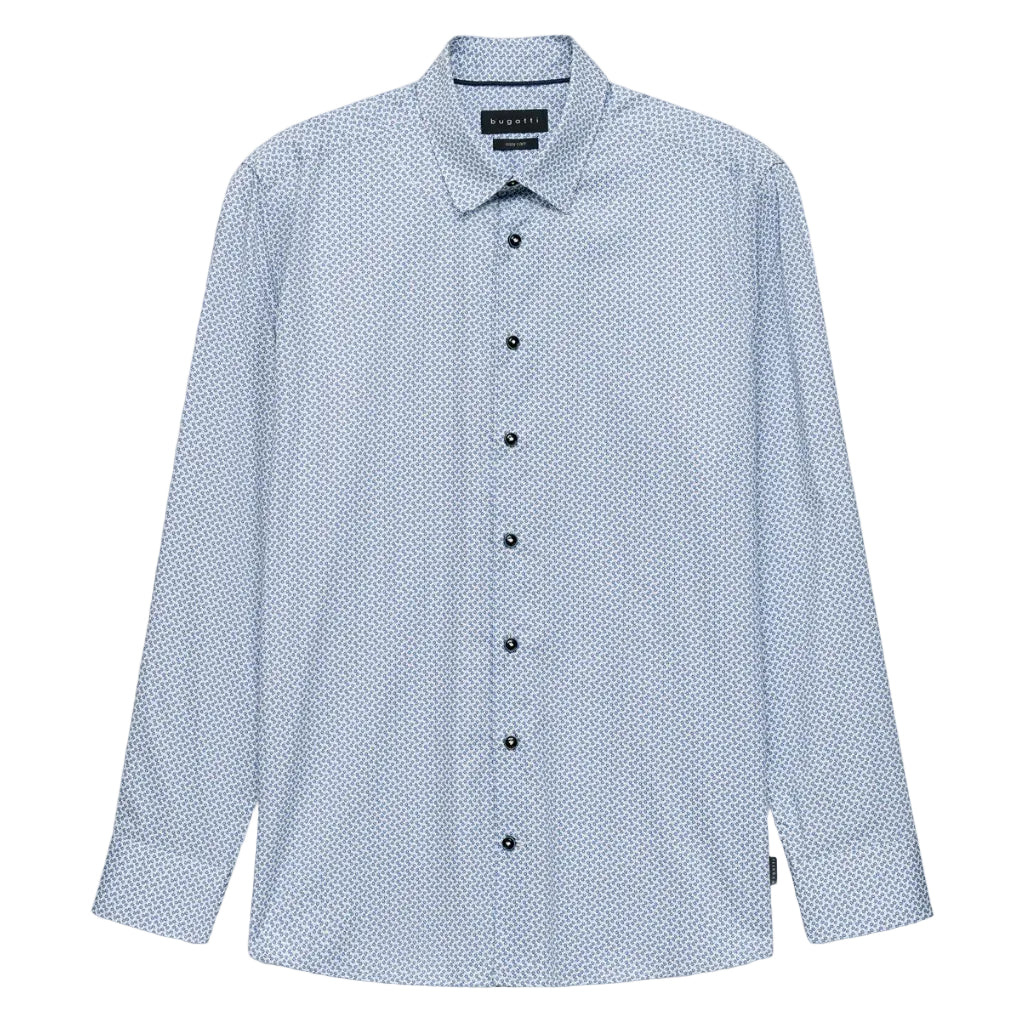 BUGATTI Cotton Motif Print Long Sleeve Shirt WHITE/NAVY