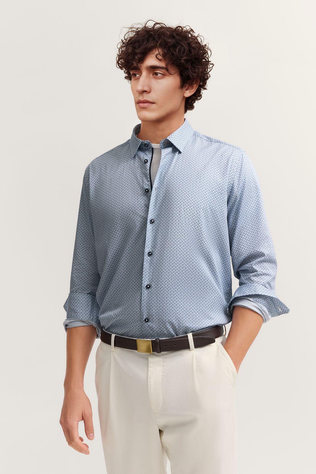 BUGATTI Cotton Motif Print Long Sleeve Shirt WHITE/NAVY