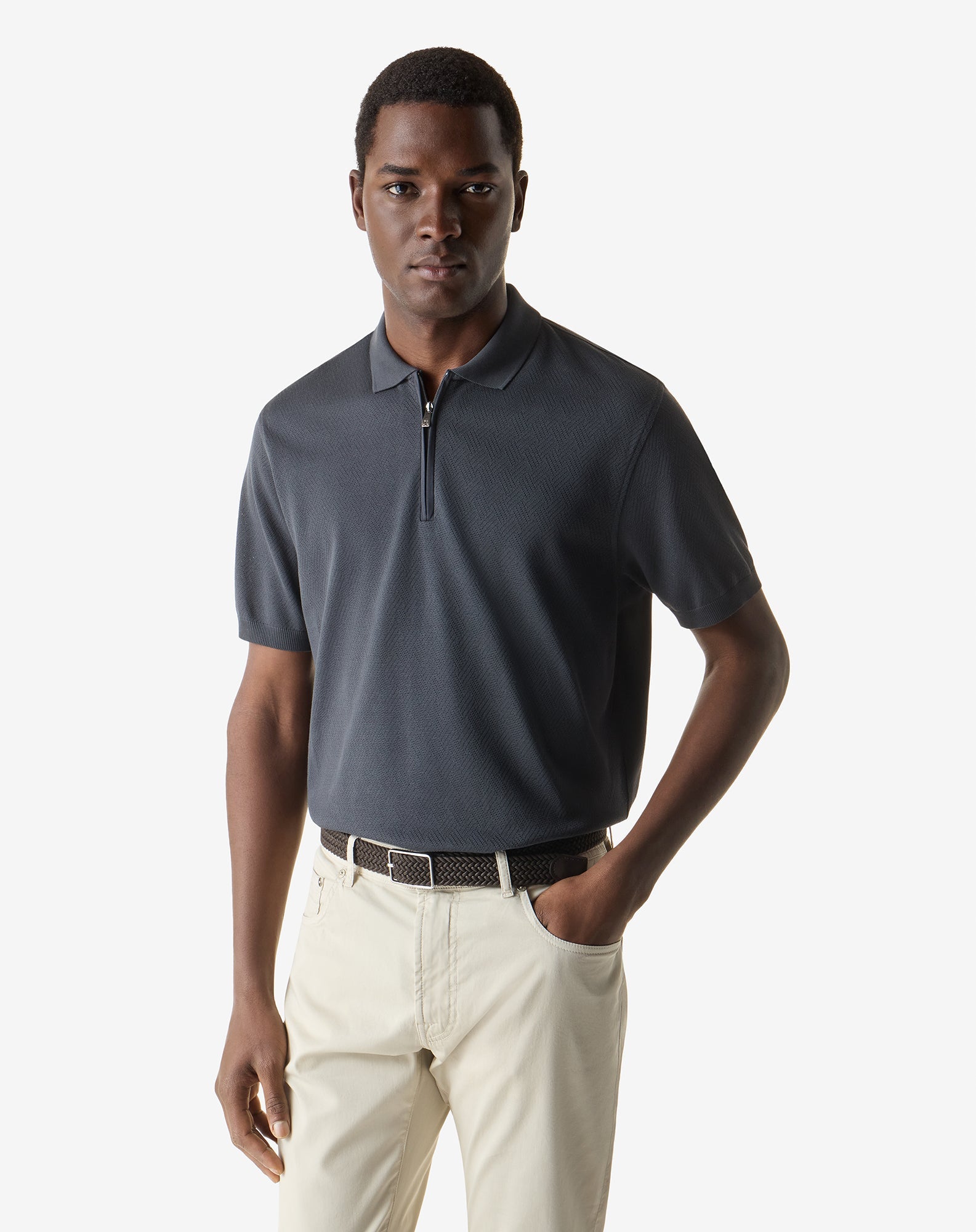 CORNELIANI Pure Cotton Zip Polo CHARCOAL - Henry Bucks