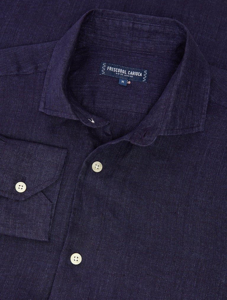 FRESCOBOL CARIOCA Antonio Linen Long Sleeve Shirt MIDNIGHT NAVY - Henry Bucks