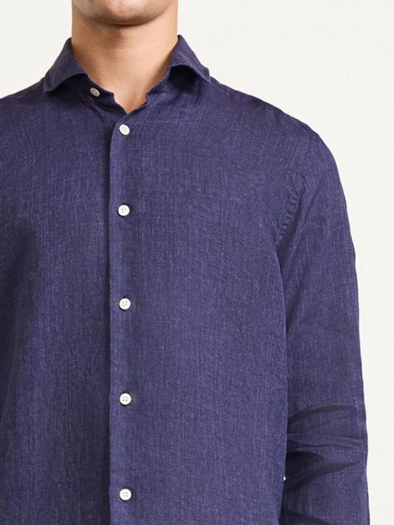 FRESCOBOL CARIOCA Antonio Linen Long Sleeve Shirt MIDNIGHT NAVY - Henry Bucks