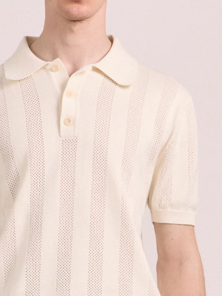 FRESCOBOL CARIOCA Cotton Stripe Short Sleeve Button Knit Polo CREAM - Henry Bucks