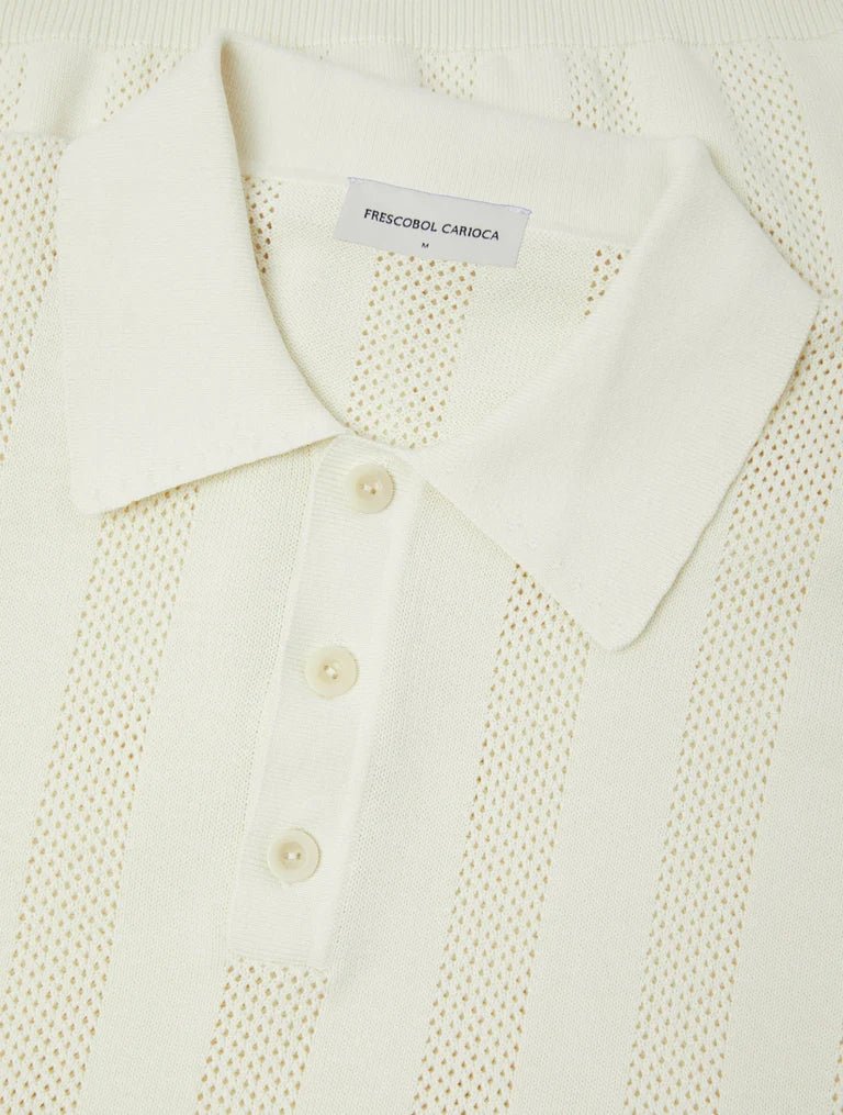 FRESCOBOL CARIOCA Cotton Stripe Short Sleeve Button Knit Polo CREAM - Henry Bucks