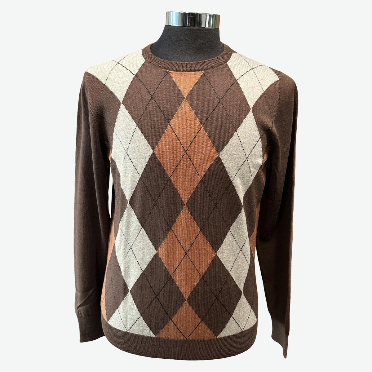GRAN SASSO Argyle Crew Neck Knit BROWN/RUST - Henry Bucks