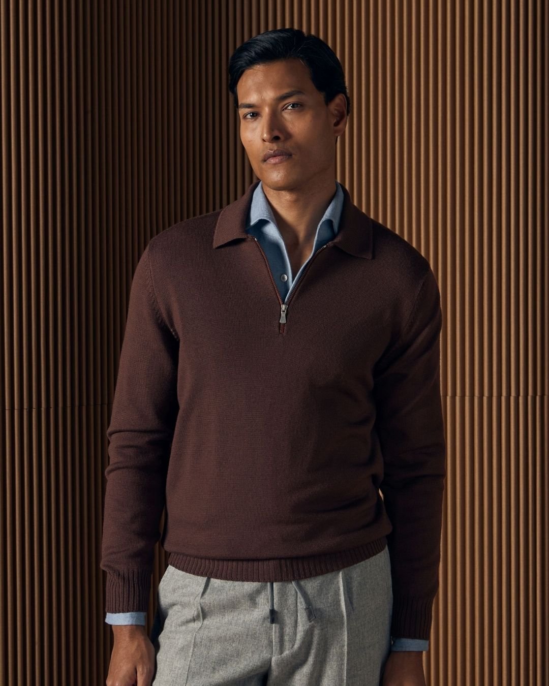 GRAN SASSO Merino Tennis Polo Knit BROWN - Henry Bucks
