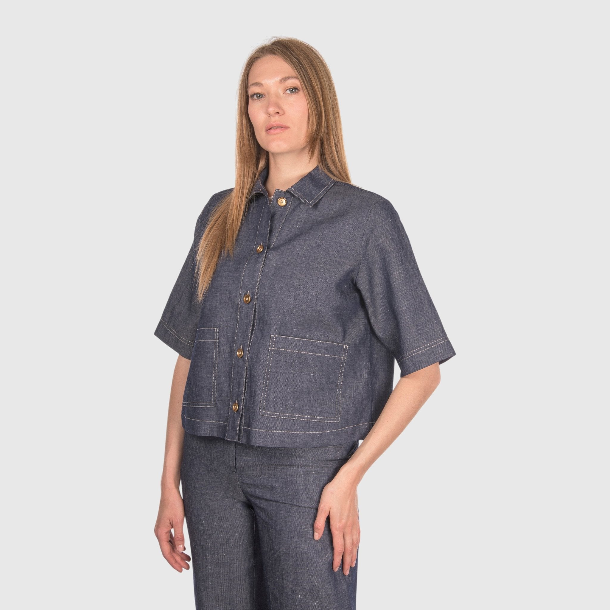 GRAN SASSO Womens Cotton Linen Shirt NAVY - Henry Bucks