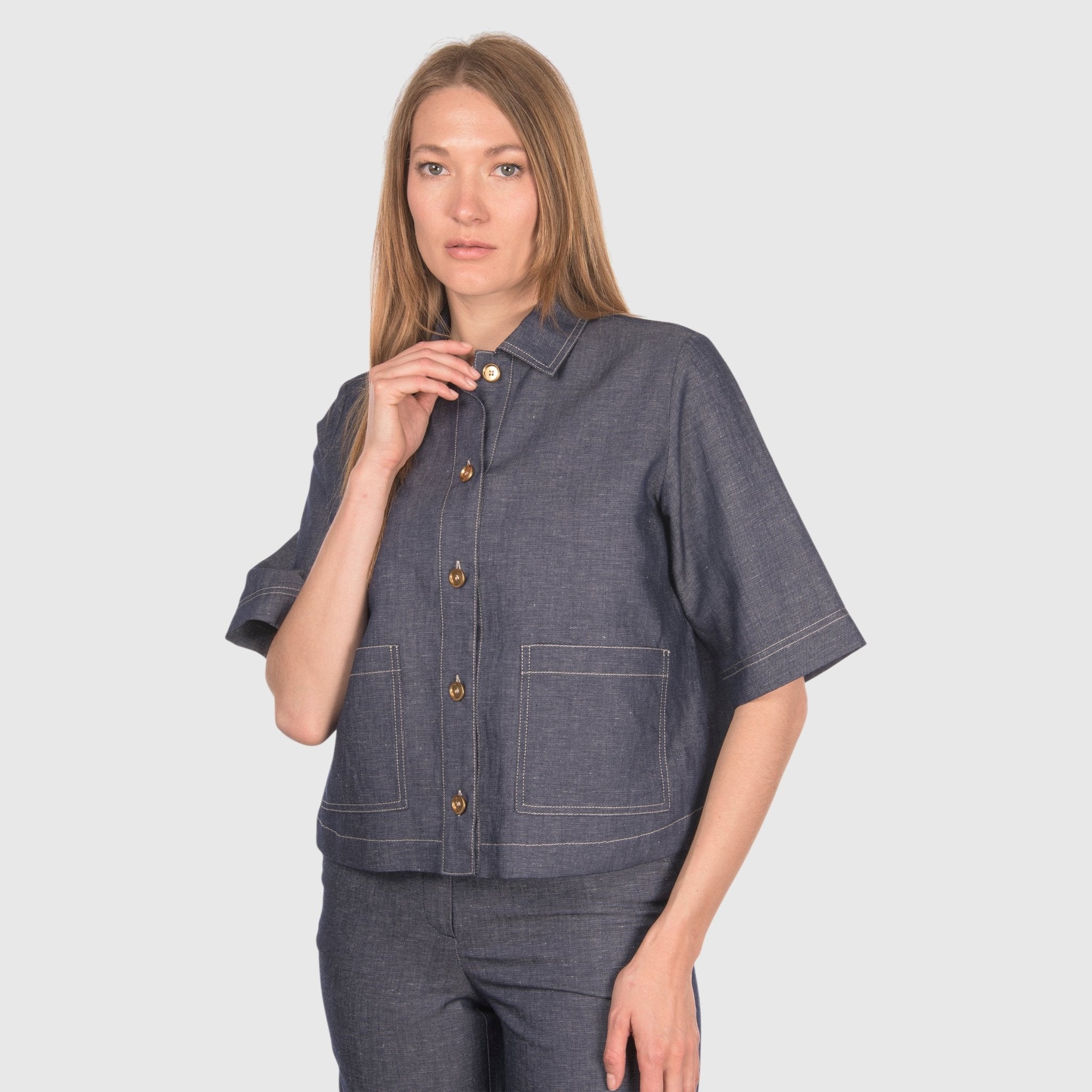GRAN SASSO Womens Cotton Linen Shirt NAVY - Henry Bucks