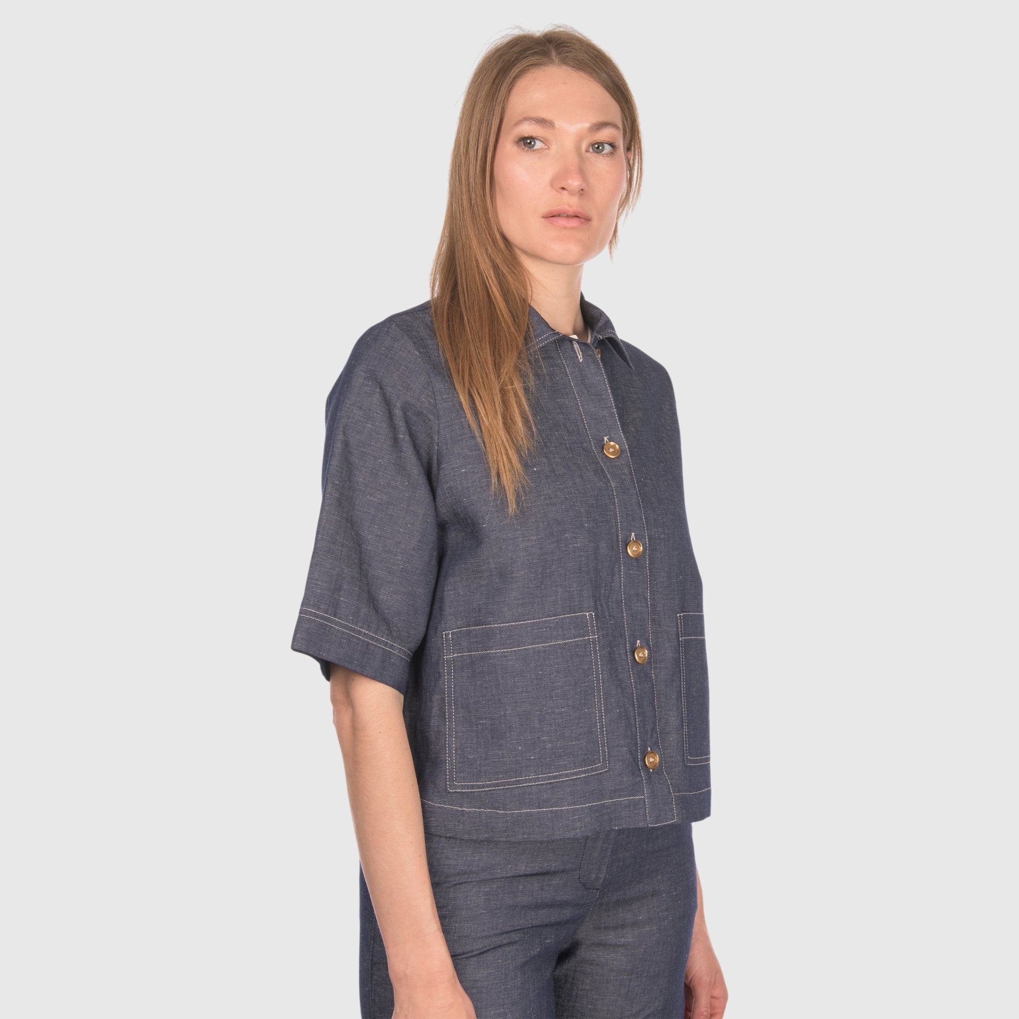 GRAN SASSO Womens Cotton Linen Shirt NAVY - Henry Bucks