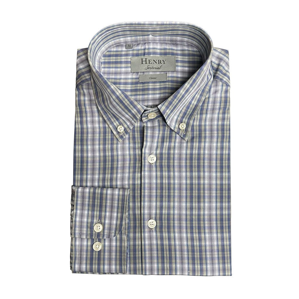 HENRY SARTORIAL Classic Button-Down Check Shirt NAVY/GREEN - Henry Bucks