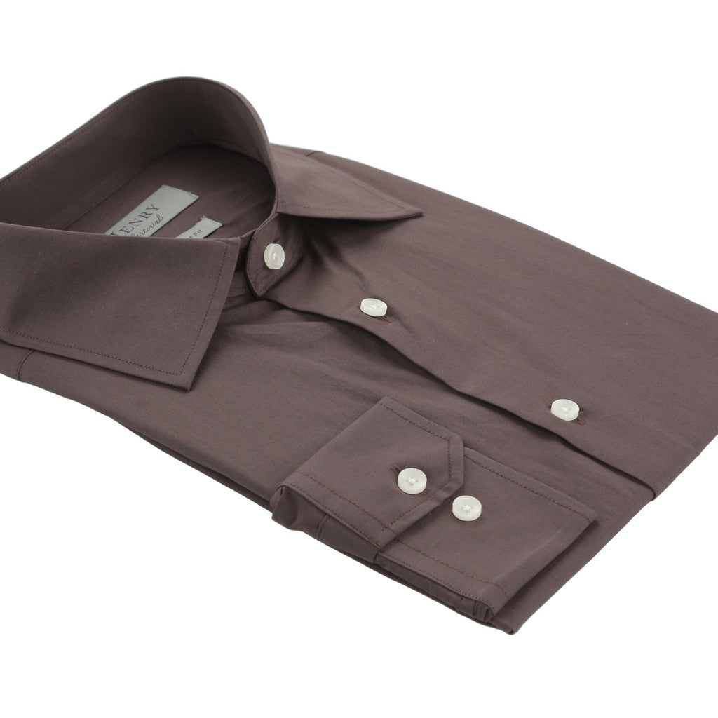 HENRY SARTORIAL Cotton Poplin Long Sleeve Business Shirt DARK BROWN (Online only*) - Henry Bucks