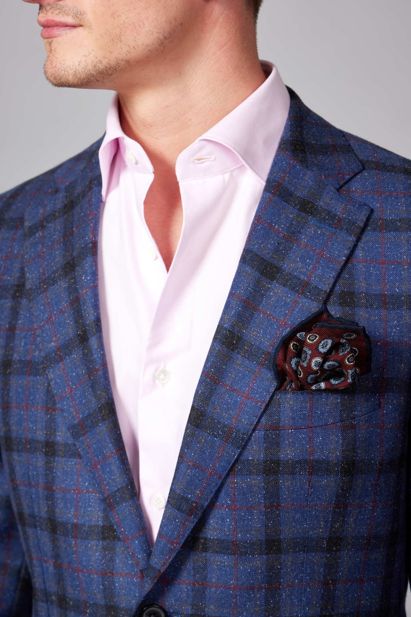 HENRY SARTORIAL DORMEUIL Wool/Silk Check Jacket SOFT BURGUNDY/NAVY REG - Henry BucksBlazers33AW230006 - BURGNAVY - R - 48