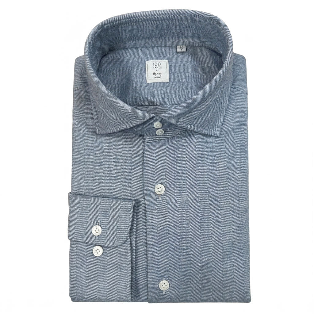 HENRY SARTORIAL X 100 HANDS Herringbone Flannel Shirt LIGHT BLUE - Henry Bucks