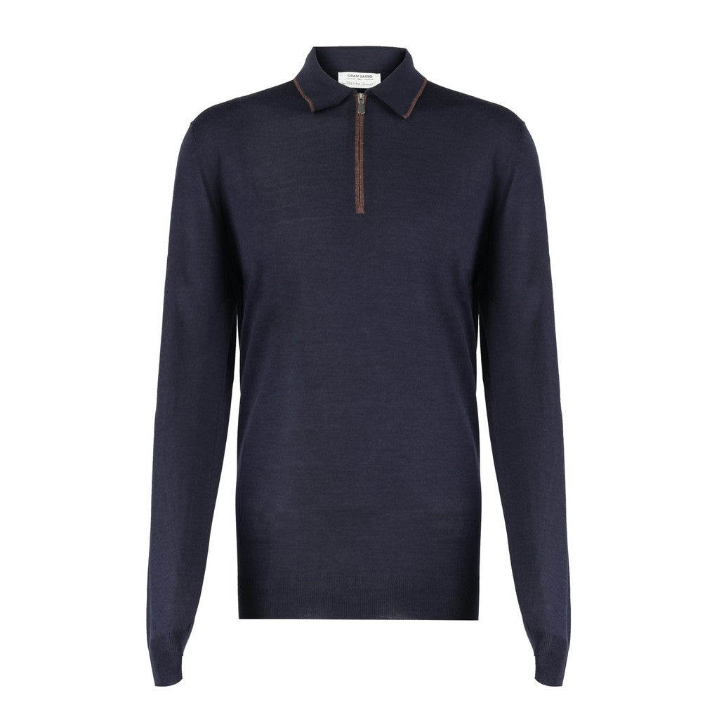 HENRY SARTORIAL X GRAN SASSO Wool Silk Zip Polo NAVY/BROWN - Henry Bucks