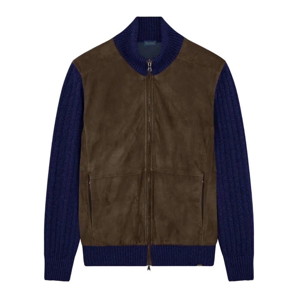 PAUL & SHARK Wool/Cashmere Leather Sweater Jacket NAVY/BROWN - Henry Bucks