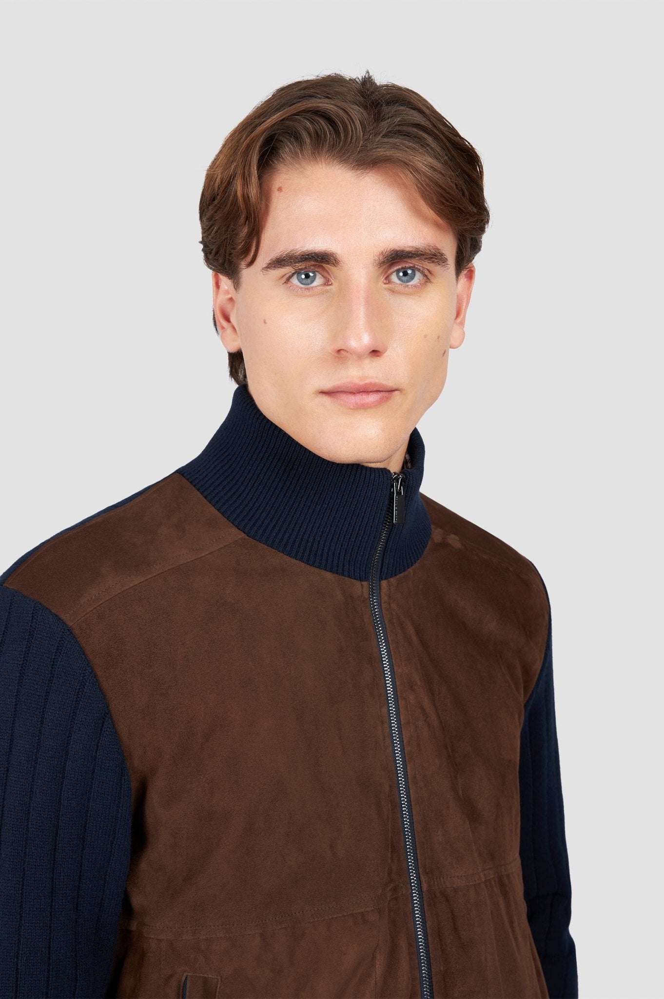 PAUL & SHARK Wool/Cashmere Suede Sweater Jacket NAVY/BROWN - Henry Bucks