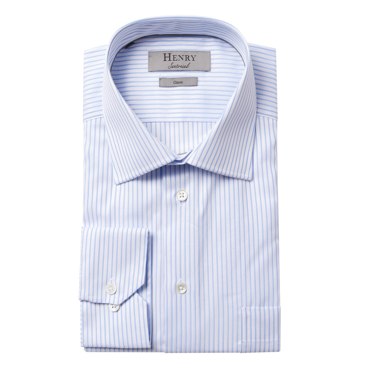 HENRY SARTORIAL Stripe Business Shirt Single Cuff Classic Fit LIGHT BLUE/WHITE