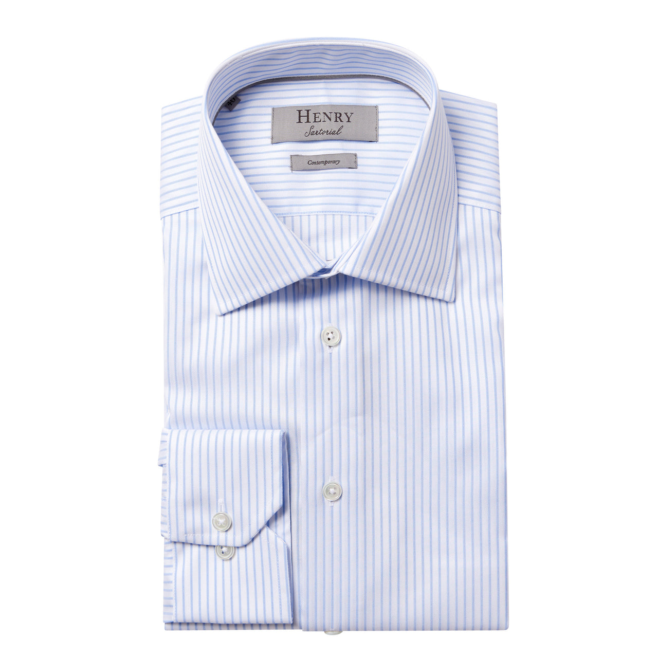 HENRY SARTORIAL Stripe Business Shirt Single Cuff Contemporary Fit LIGHT BLUE/WHITE