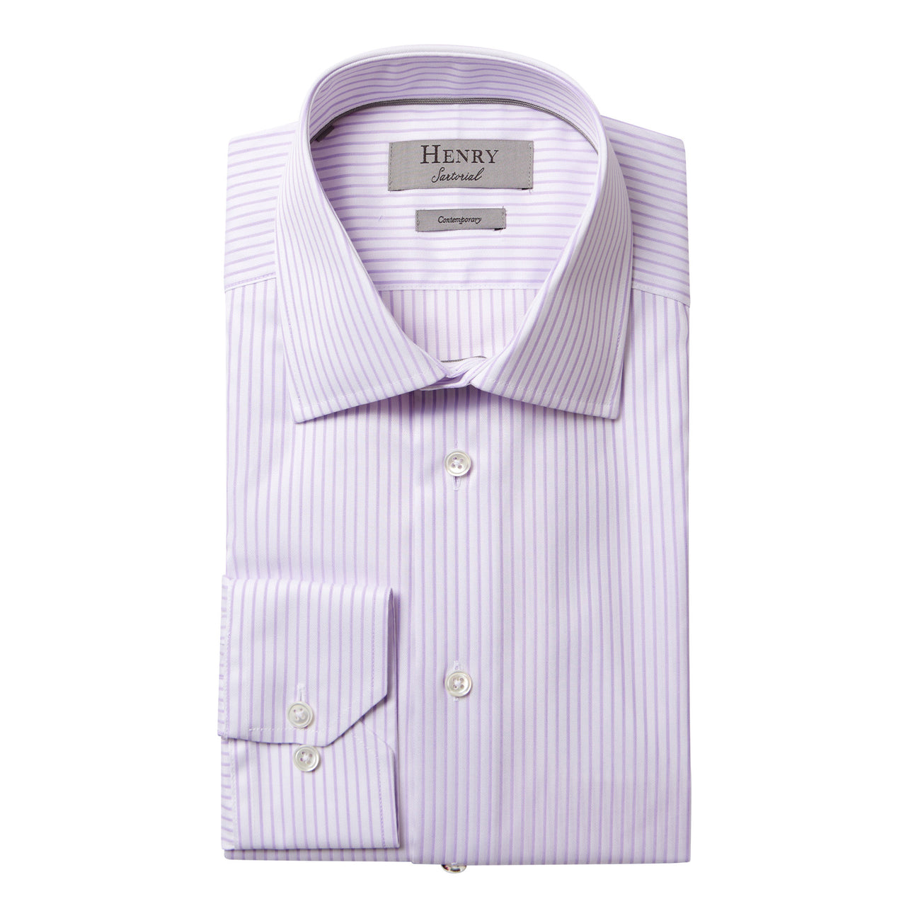 HENRY SARTORIAL Stripe Business Shirt Single Cuff Contemporary Fit PURPLE/WHITE