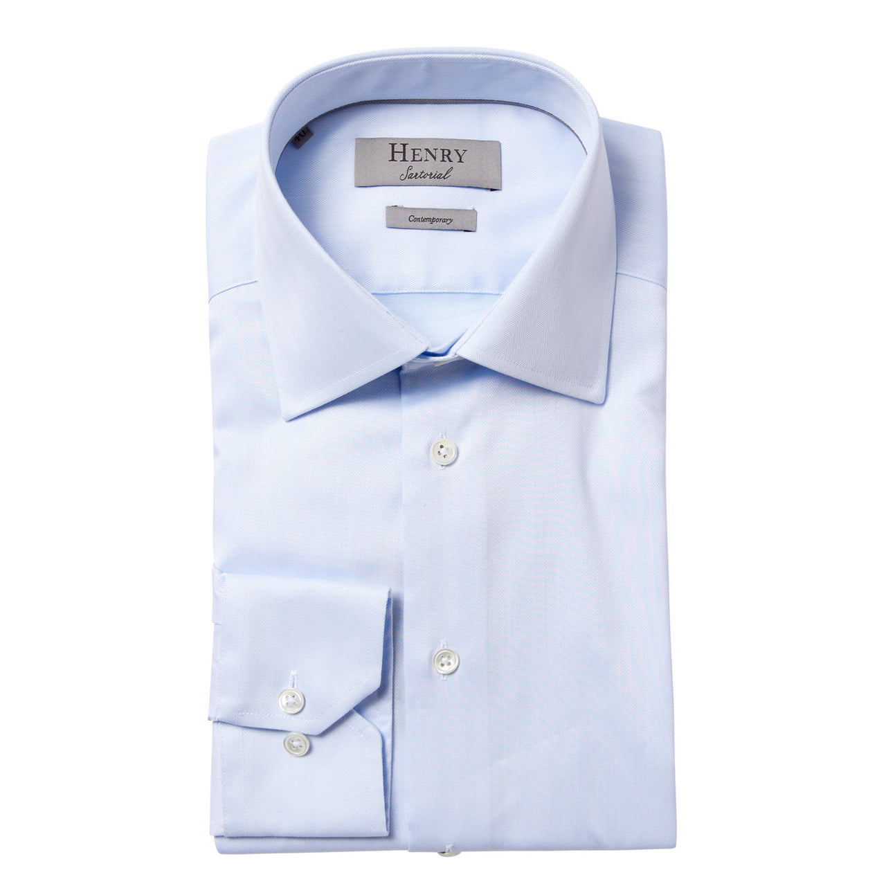 HENRY SARTORIAL Herringbone Business Shirt Single Cuff Contemporary Fit LIGHT BLUE