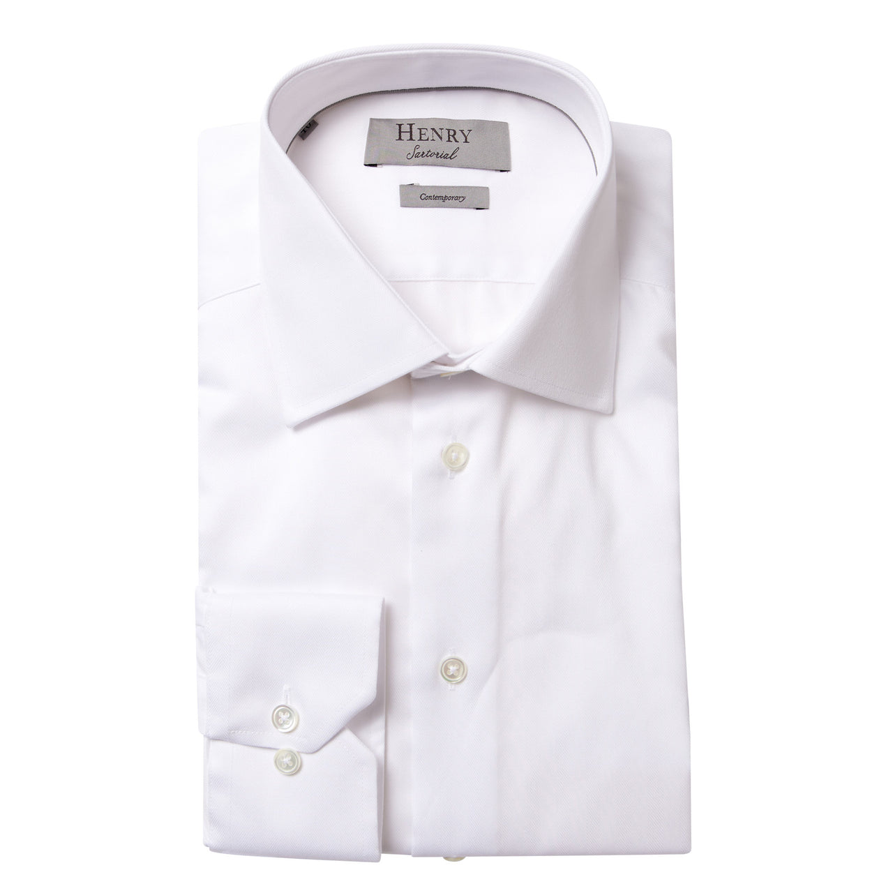 HENRY SARTORIAL Herringbone Business Shirt Single Cuff Contemporary Fit WHITE