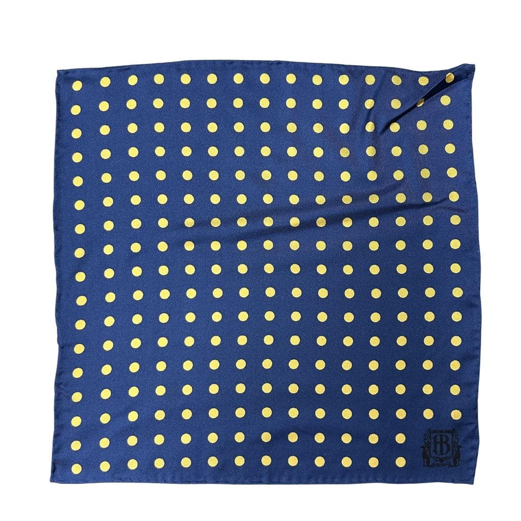 HENRY BUCKS Polka Dot Pocket Square NAVY/YELLOW