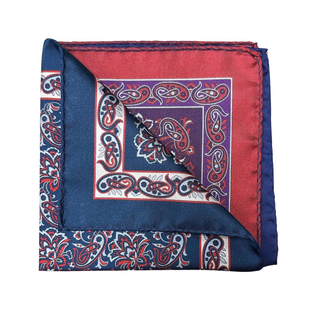 HENRY SARTORIAL X CANTINI Silk Print Pocket Square NAVY/RED