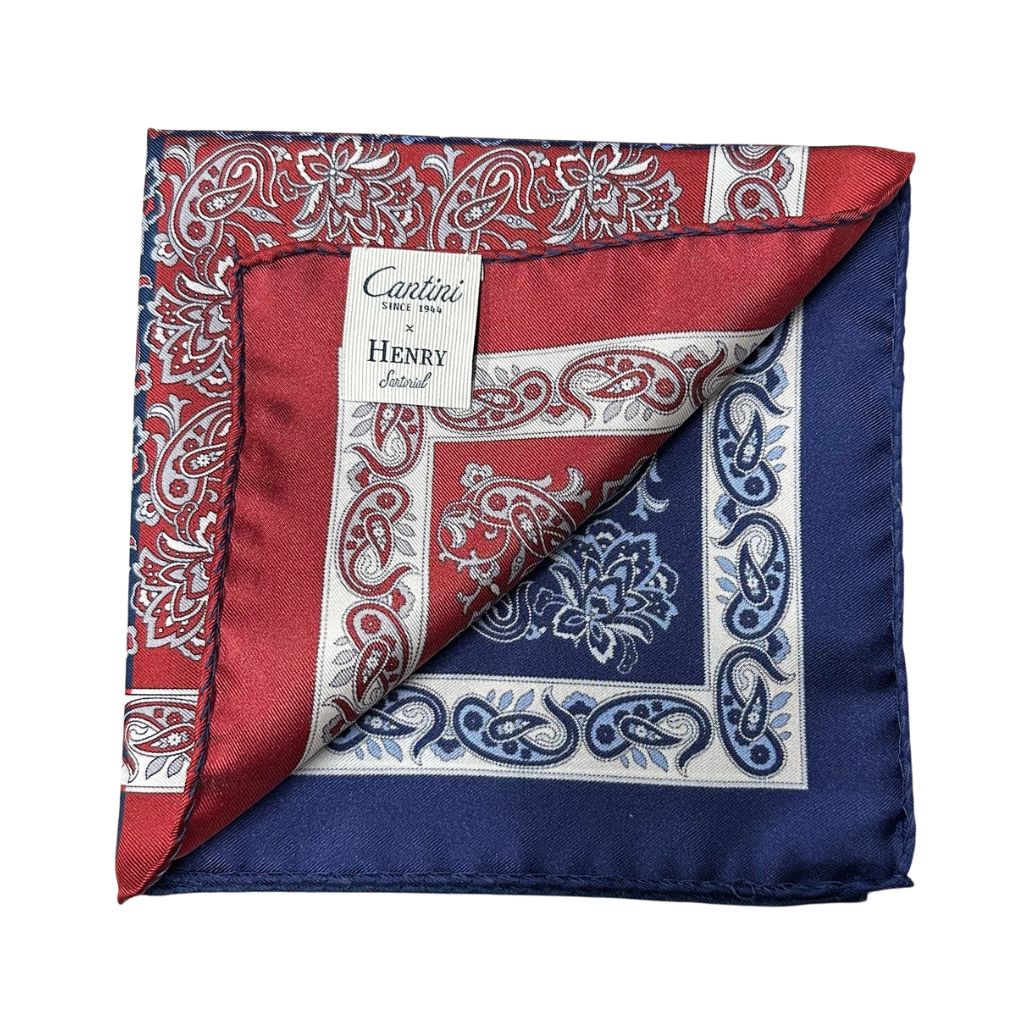 HENRY SARTORIAL X CANTINI Silk Print Pocket Square NAVY/RED