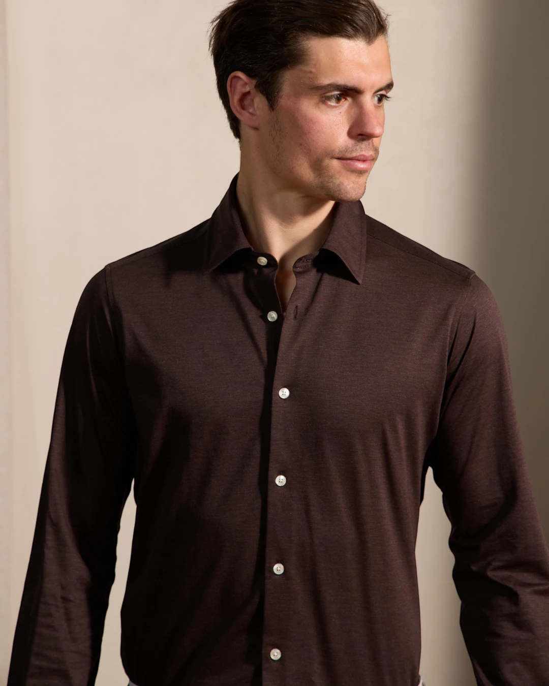 HENRY SARTORIAL Fashion Cotton Birdseye Shirt CHOCOLATE