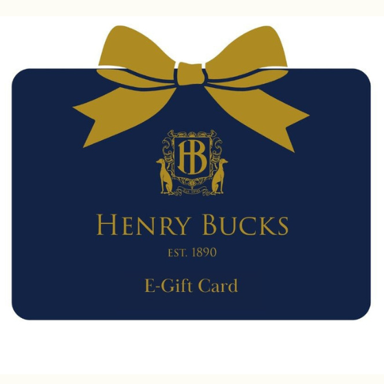 Blue e-gift card with gold bow and 'Henry Bucks' logo on a white background