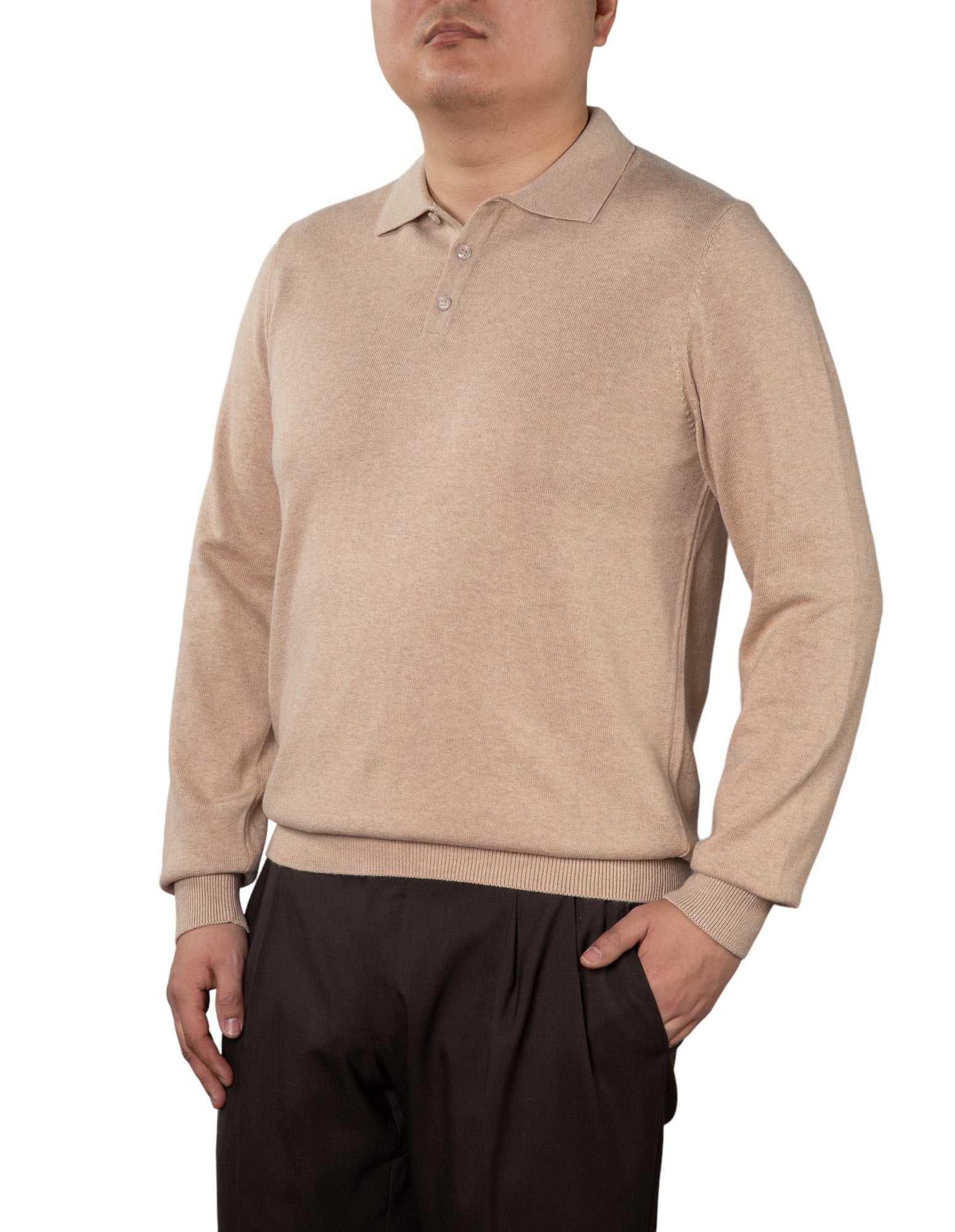 BEAUCAIRE Cotton Knitted Long Sleeve Polo SAND - Henry BucksKnitwear46SS220013 - SAND - M