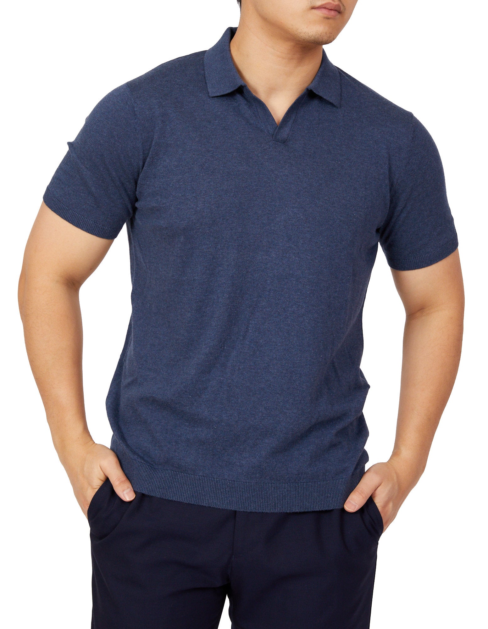 BEAUCAIRE Ultra Fine Cotton Buttonless Polo BLUE MELANGE - Henry BucksPolo46SS220019 - BLUMELANGE - M