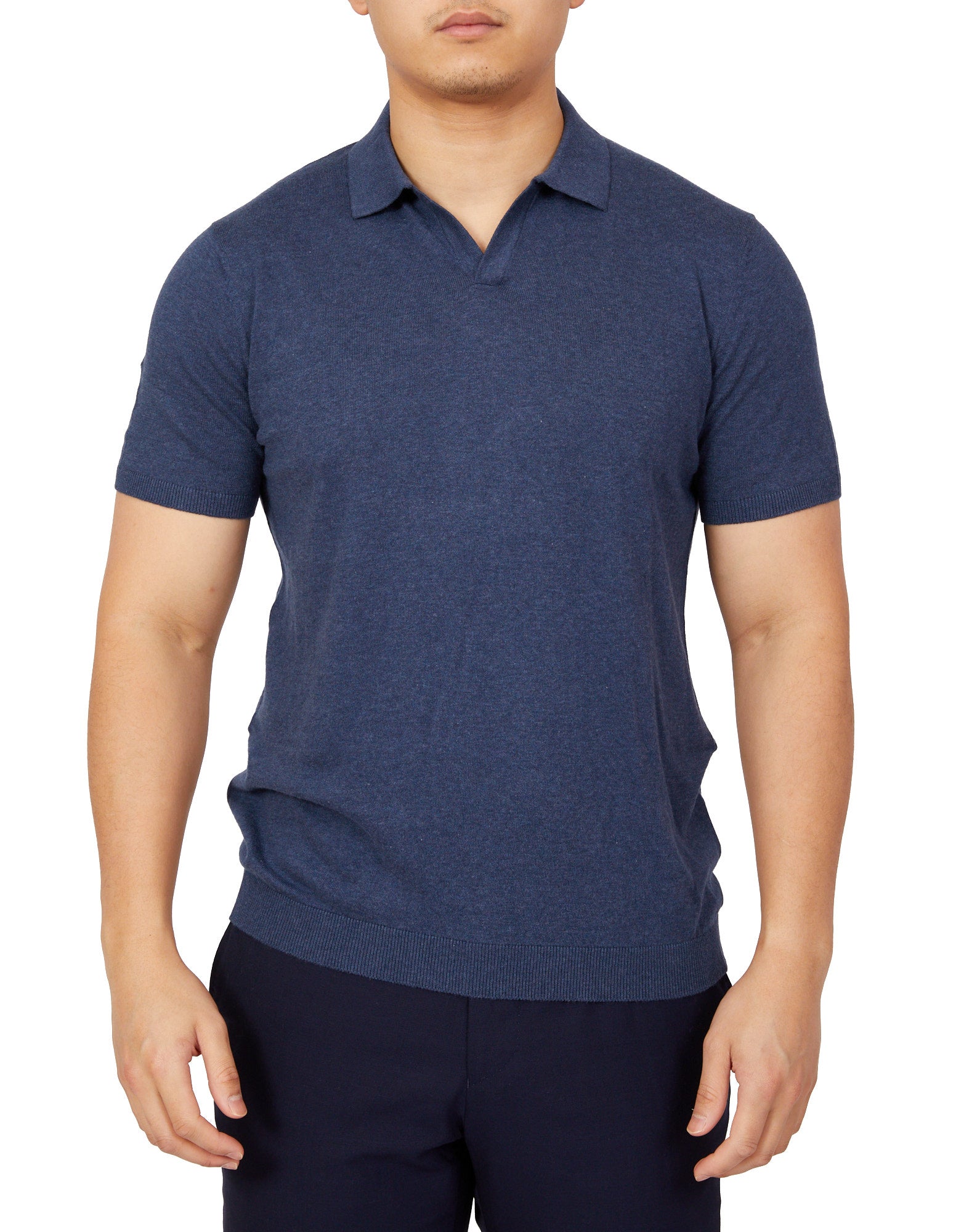 BEAUCAIRE Ultra Fine Cotton Buttonless Polo BLUE MELANGE - Henry BucksPolo46SS220019 - BLUMELANGE - M