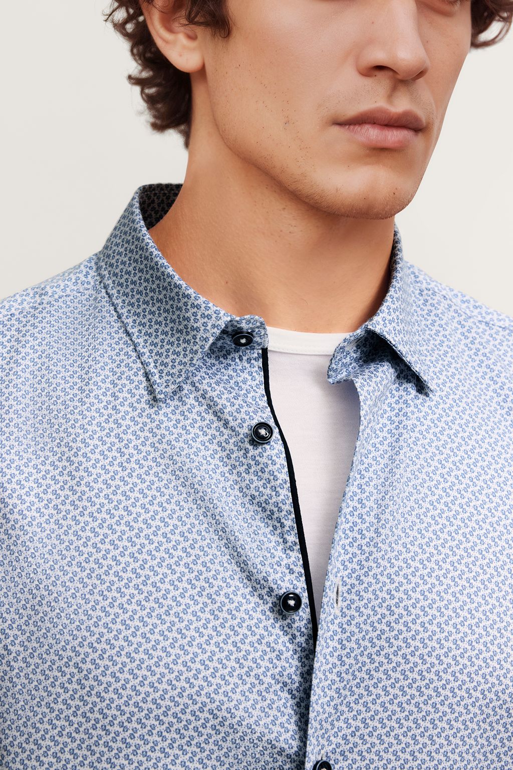 BUGATTI Cotton Motif Print Long Sleeve Shirt WHITE/NAVY