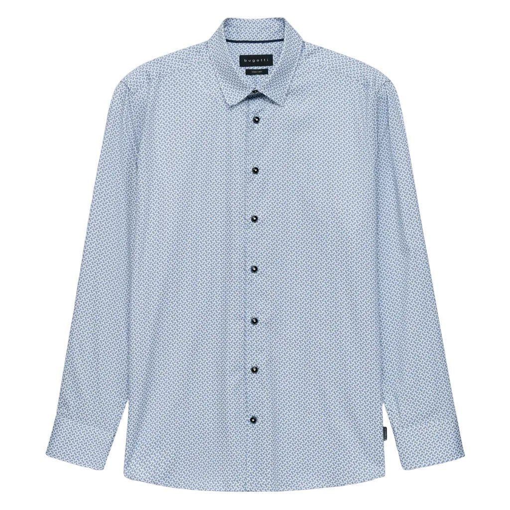 BUGATTI Cotton Motif Print Long Sleeve Shirt WHITE/NAVY - Henry Bucks