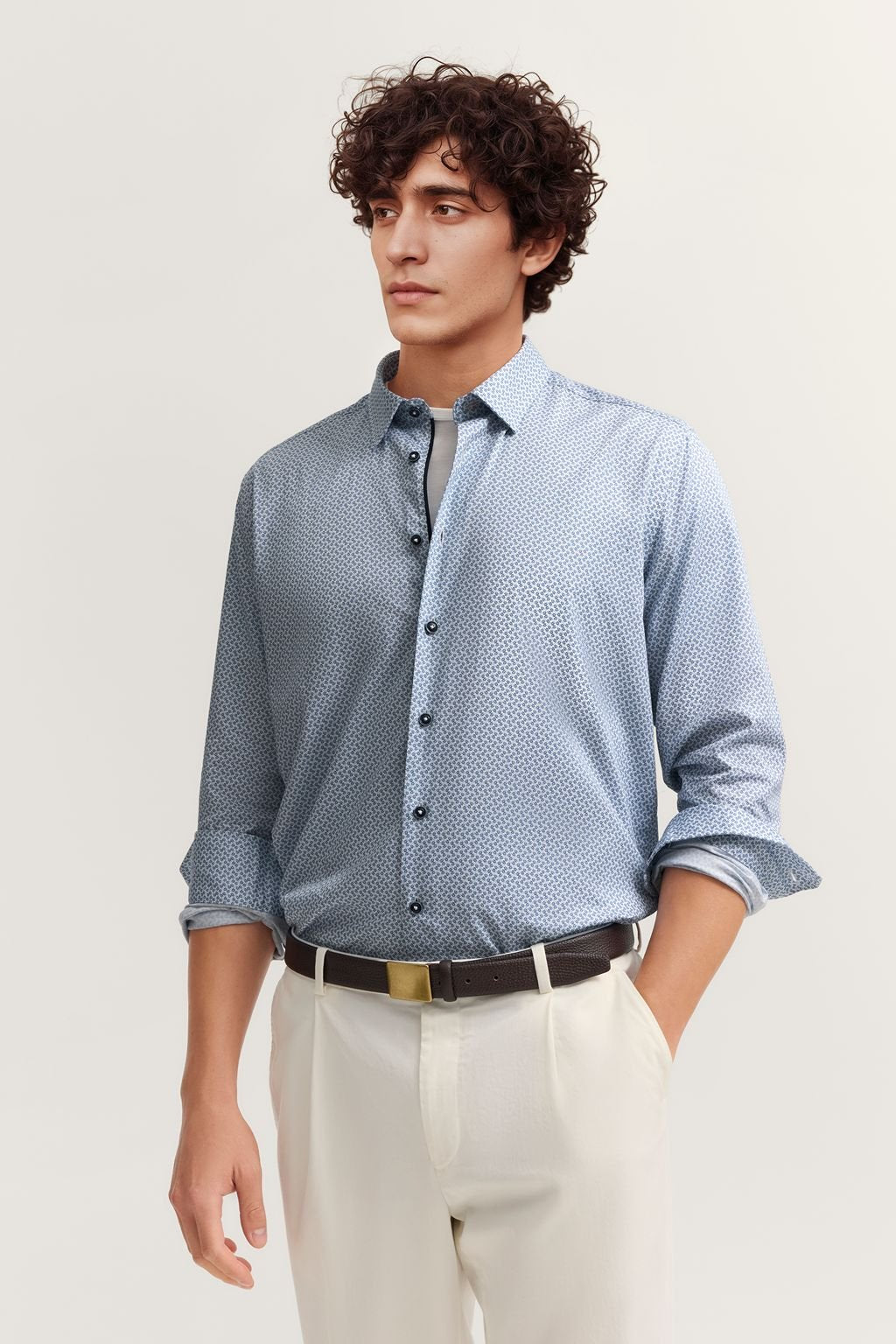 BUGATTI Cotton Motif Print Long Sleeve Shirt WHITE/NAVY - Henry Bucks