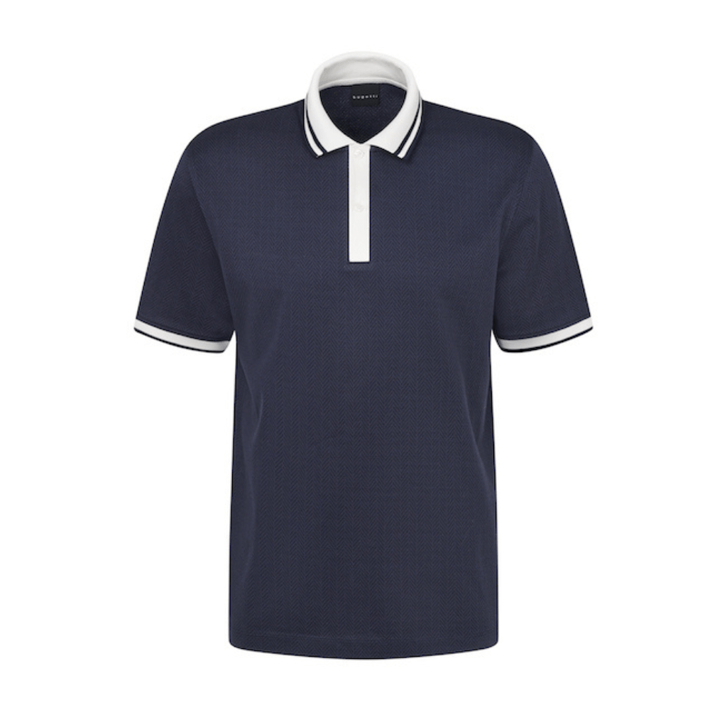 BUGATTI Herringbone Cotton Short Sleeve Polo NAVY - Henry Bucks