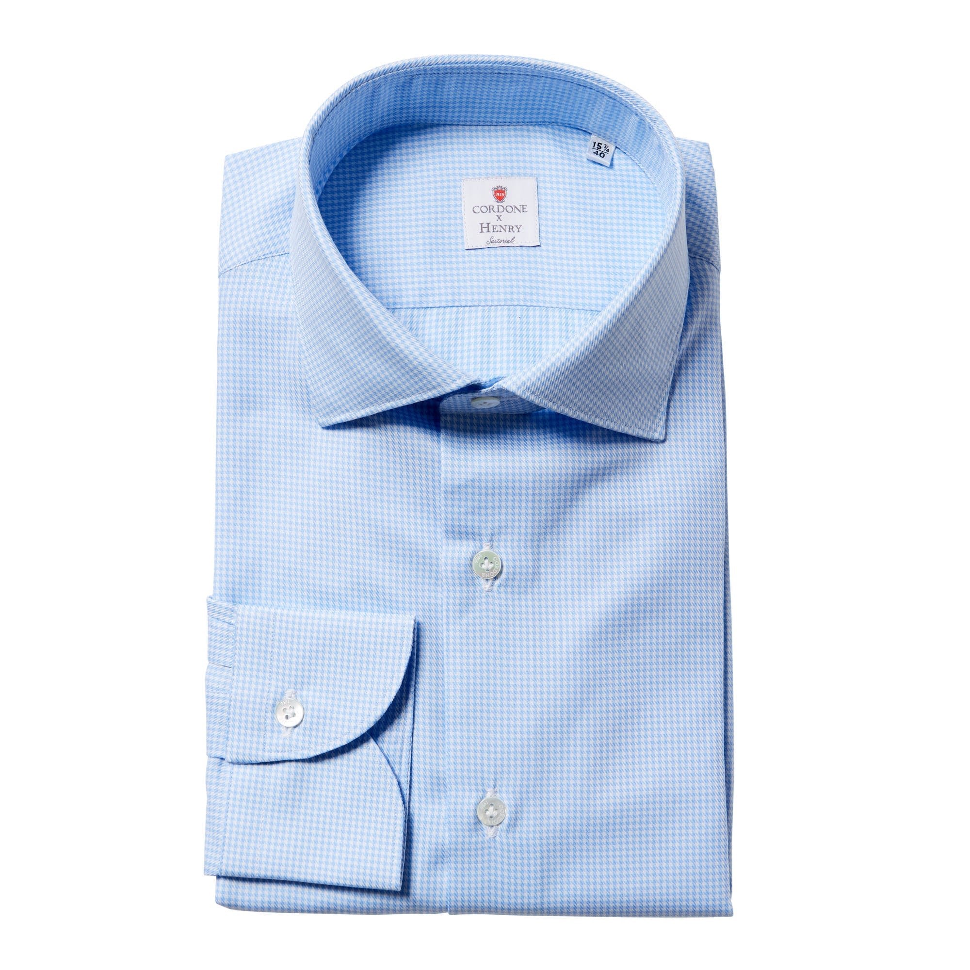 CORDONE Houndstooth Long Sleeve Single Cuff Shirt BLUE/WHITE - Henry BucksShirts38AW240080 - BLWT - SC - 39