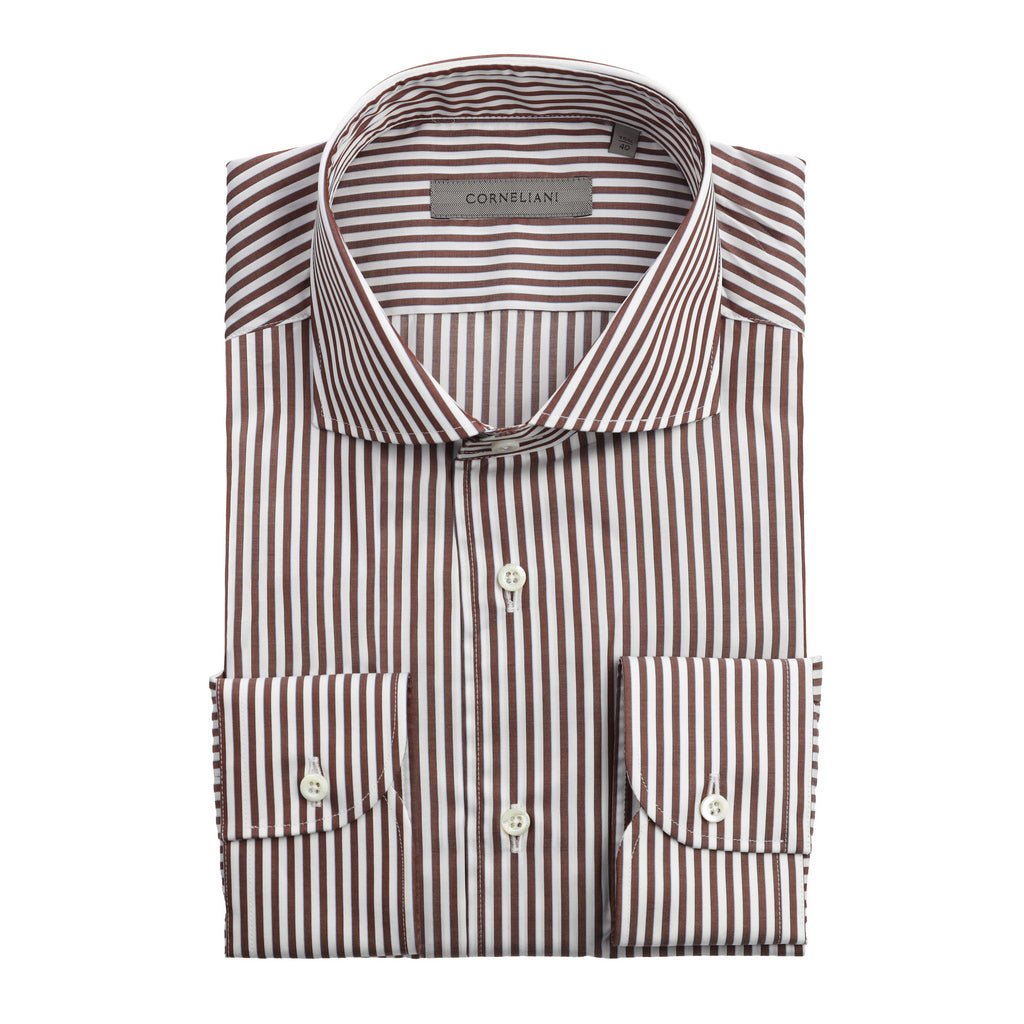 CORNELIANI Cotton Stripe Shirt Single Cuff Tailored Fit WHITE/BROWN - Henry BucksShirts61AW240028 - WHTBRN - SC - TAIL - 38