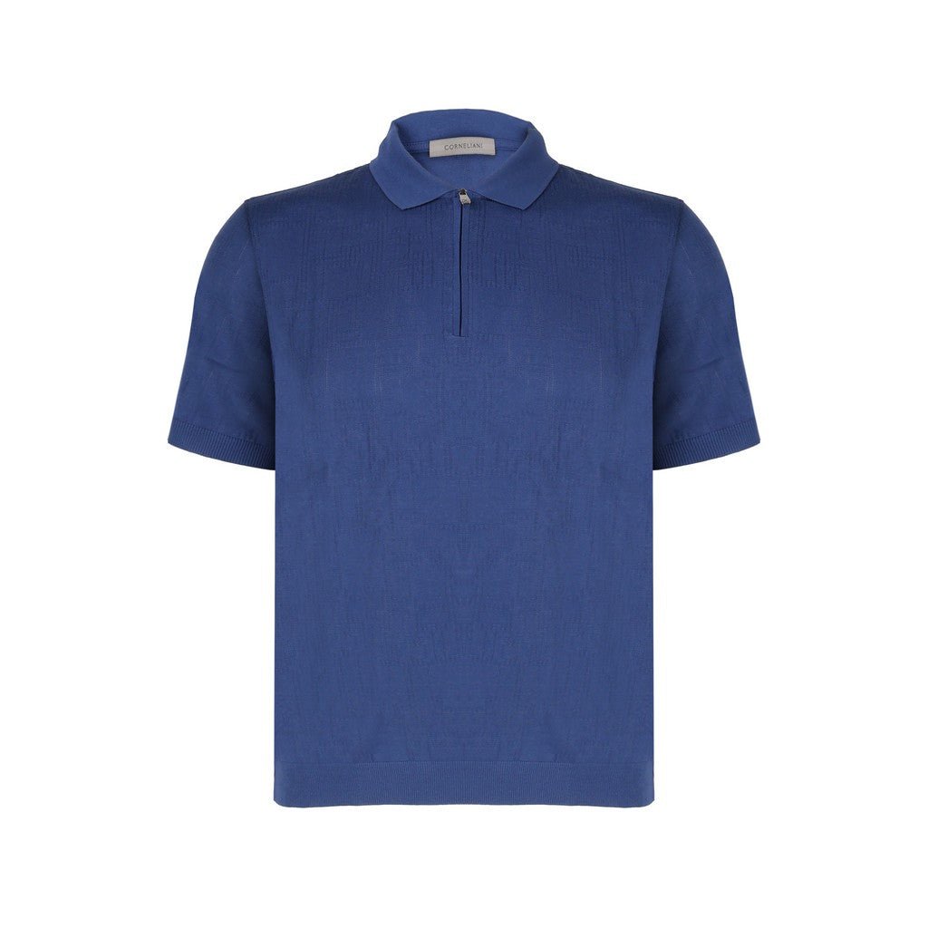 CORNELIANI Jacquard Zip Polo BLUE - Henry Bucks