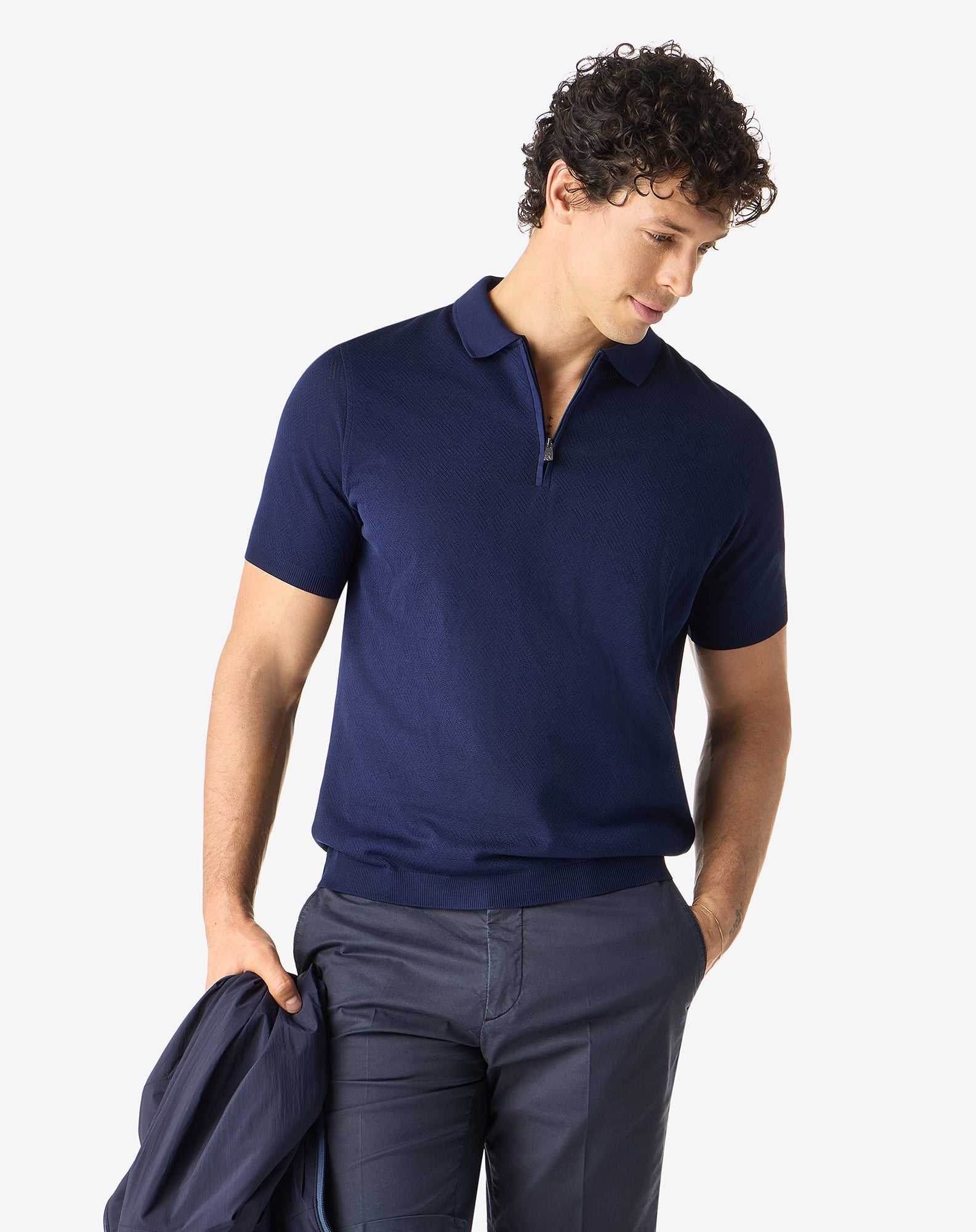 CORNELIANI Pure Cotton Zip Polo NAVY - Henry Bucks