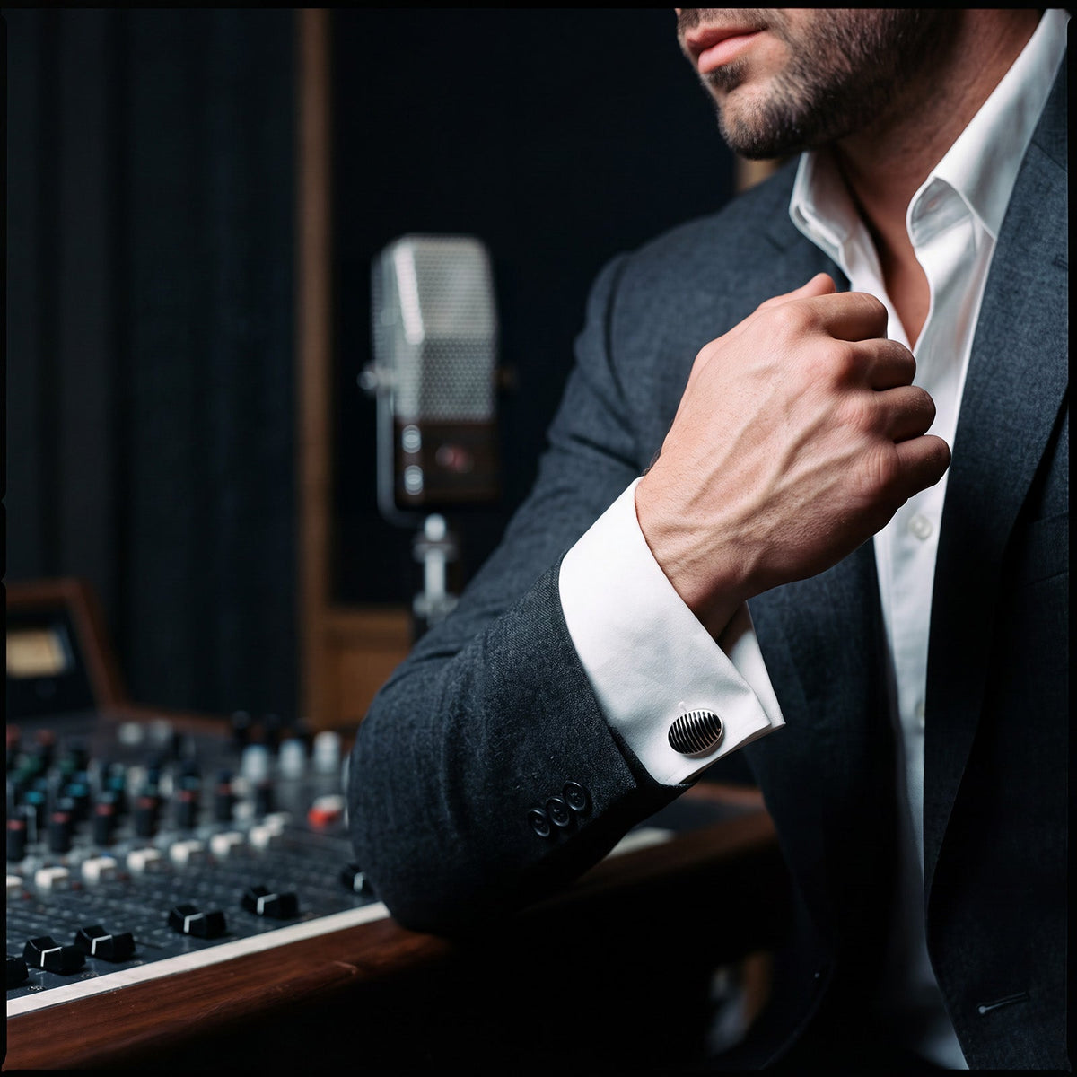 CUDWORTH Rhodium Oval Epoxy Grill Cufflinks BLACK - Henry Bucks