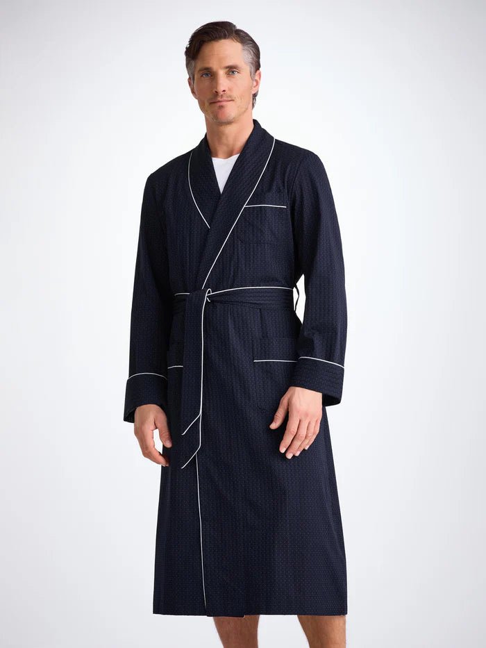 DEREK ROSE Cotton Dressing Gown NAVY - Henry Bucks
