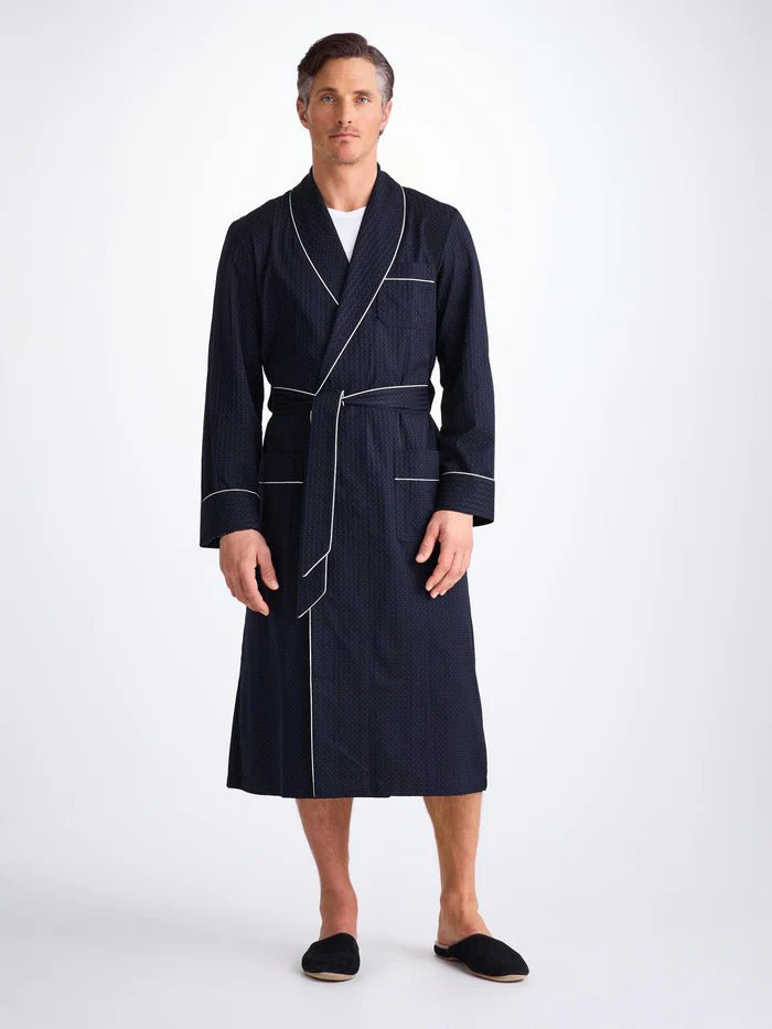 DEREK ROSE Cotton Dressing Gown NAVY - Henry Bucks