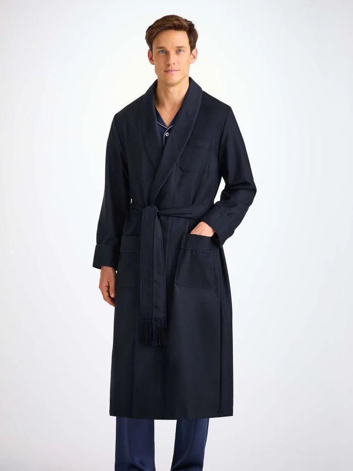 DEREK ROSE Wool Dressing Gown NAVY - Henry Bucks