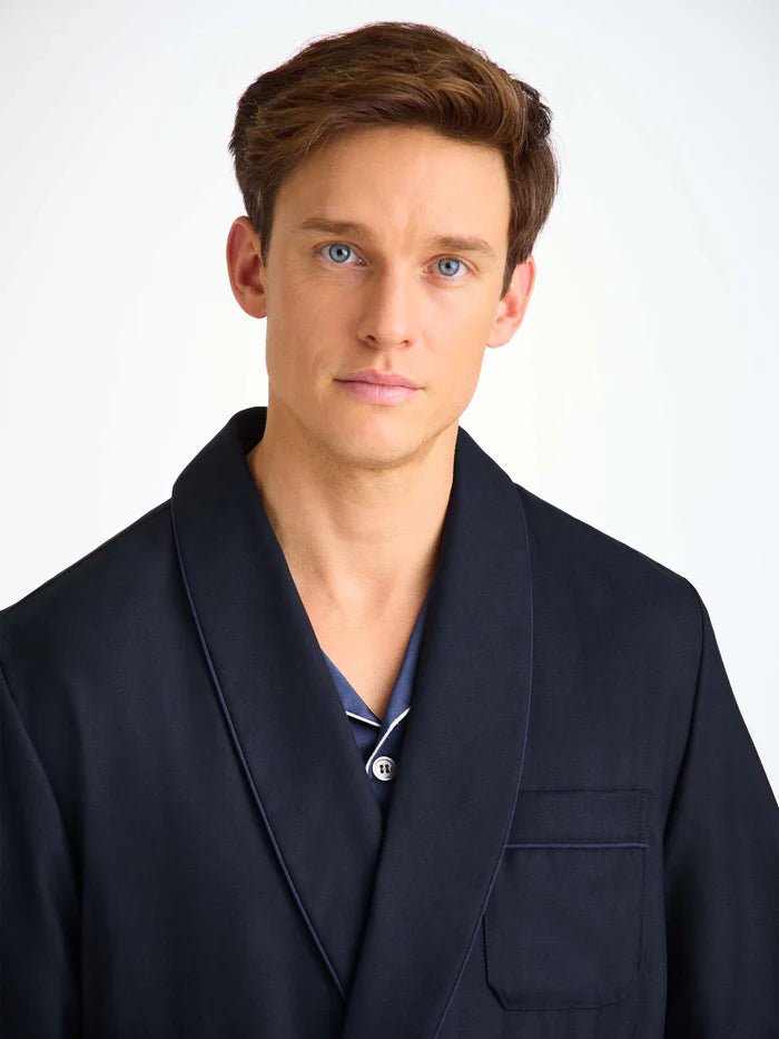 DEREK ROSE Wool Dressing Gown NAVY - Henry Bucks