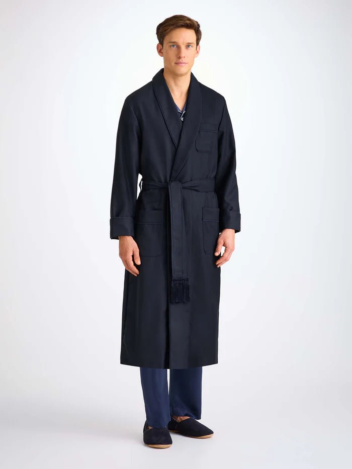 DEREK ROSE Wool Dressing Gown NAVY - Henry Bucks