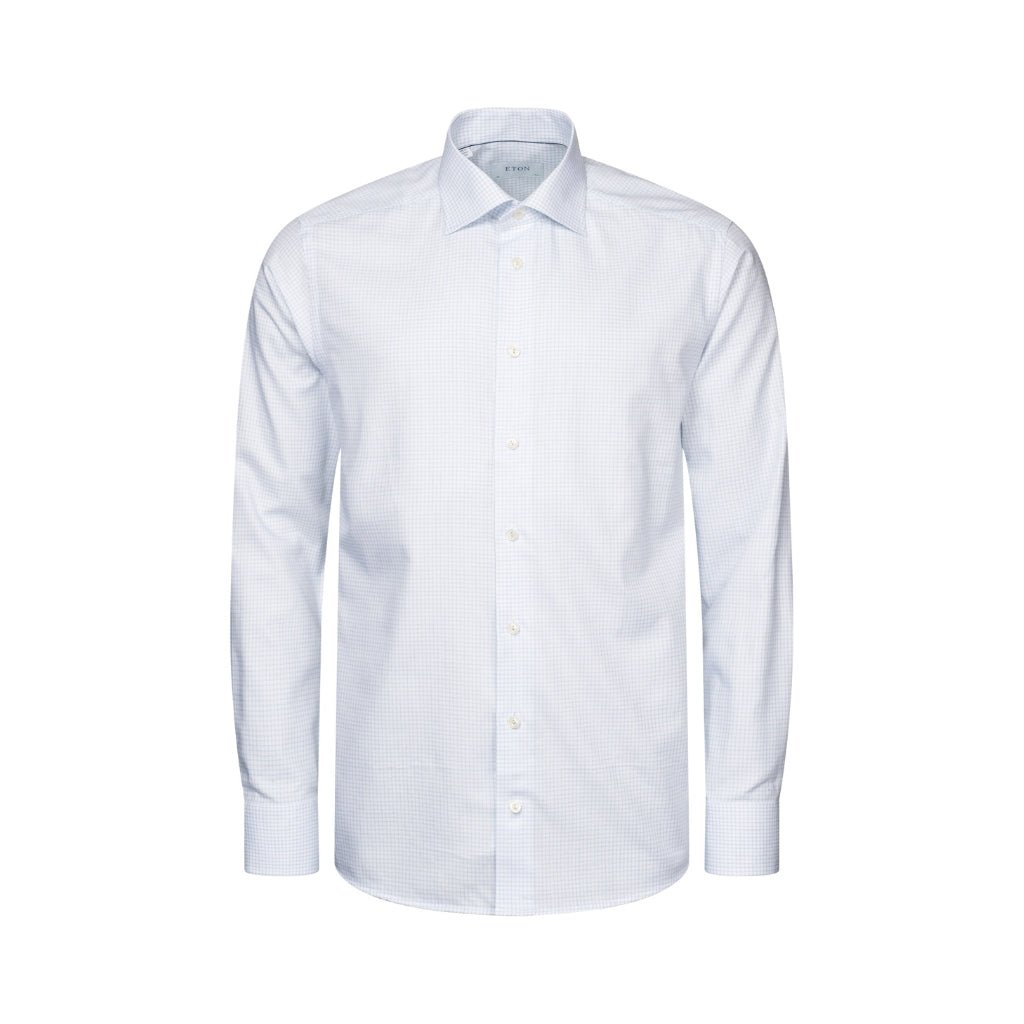 ETON Check Cotton Tencel Shirt Single Cuff Contemporary Fit LIGHT BLUE - Henry Bucks