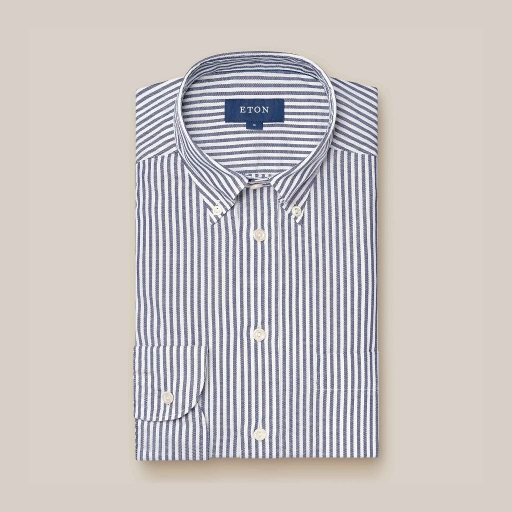 ETON Cotton Oxford Stripe Single Cuff Shirt DARK BLUE - Henry Bucks