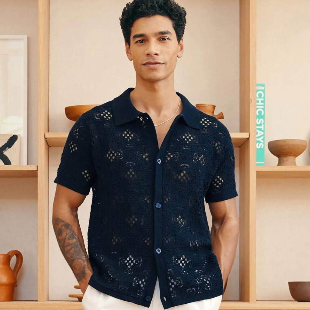 FRESCOBAL CARIOCA Crochet Button Shirt NAVY - Henry Bucks